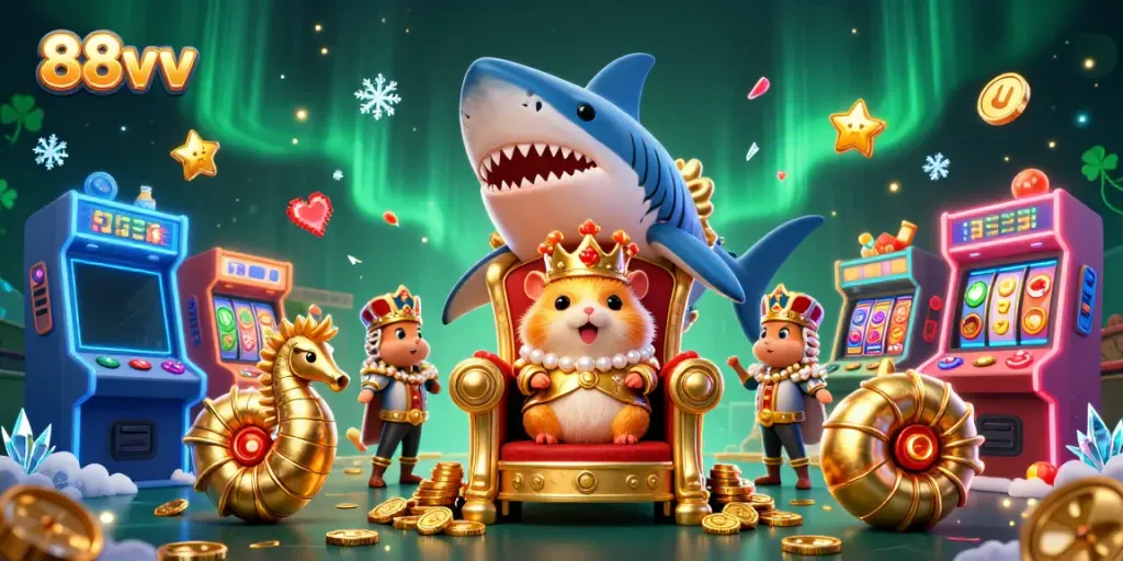 Engage in the thrilling world of 88vv, where a golden hamster king sits regally amid slot machines and gaming elements.