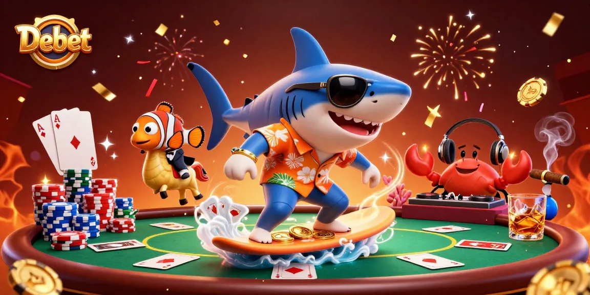 Debet offers thrilling gambling action with stunning visuals of a shark, clownfish, and crab in an exciting casino scene.