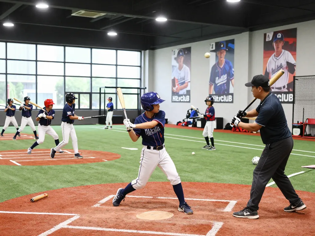 Athletic young players in Hitclub uniforms practicing baseball techniques indoors at a modern facility.