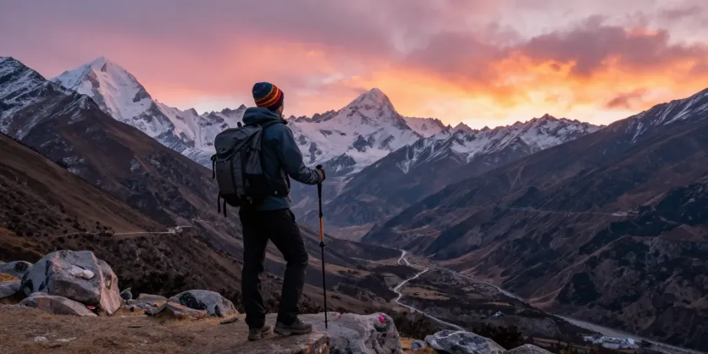 Viajero en el paso Larkya La contemplando el valle, realizando un trek al Circuito Manaslu al atardecer, con vistas espectaculares de las montañas.