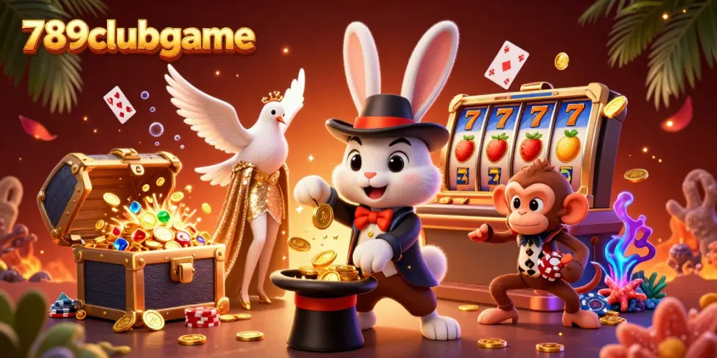 Engage with thrilling gameplay as 789clubgame enchants players with a magical scene featuring a rabbit, dove, and monkey amidst dynamic casino elements.