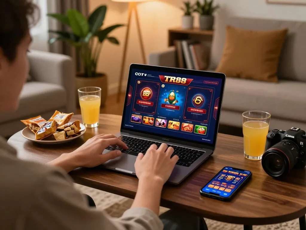 Engaging TR88 online gaming session featuring laptop and casino games at home