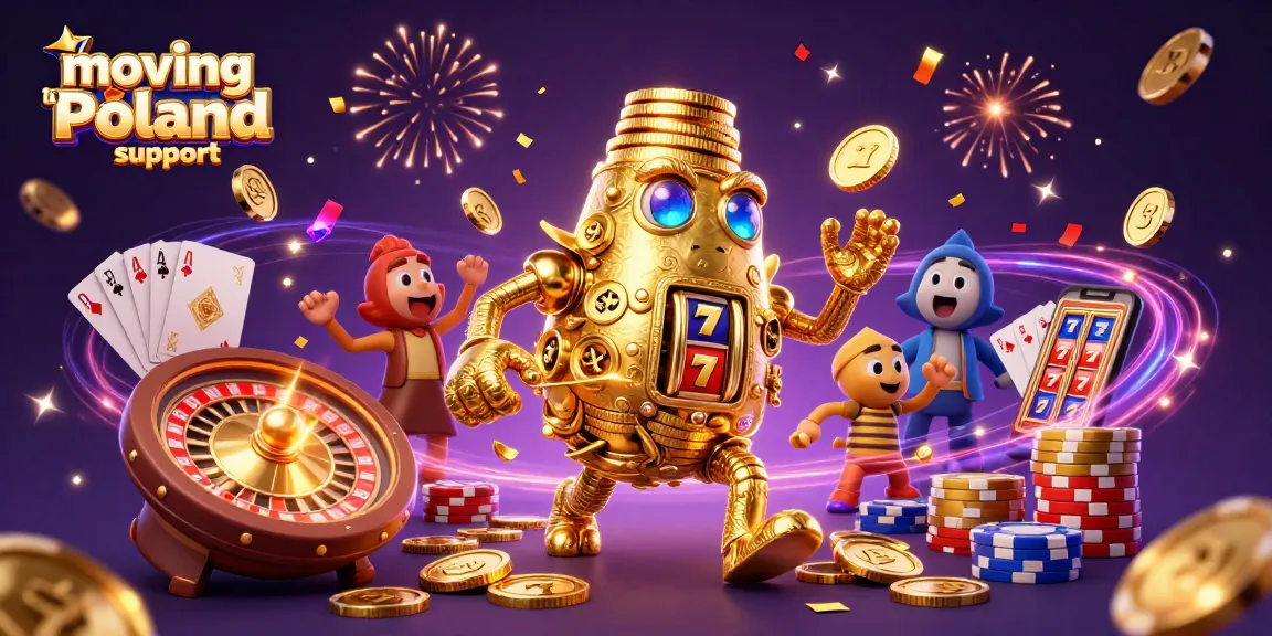 Experience moving to Poland support through an engaging illustration of a golden golem surrounded by casino elements.