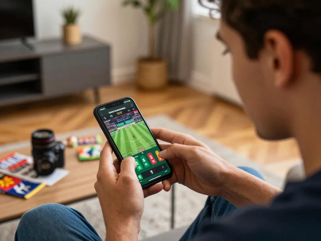 Engaging in live sports betting via dagago app on smartphone, showcasing dynamic online gambling atmosphere