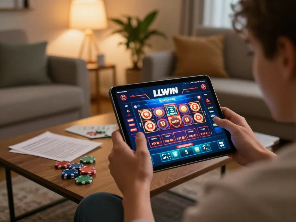 Player enjoying LLWIN casino app on tablet in a cozy home setting, showcasing online gaming excitement.