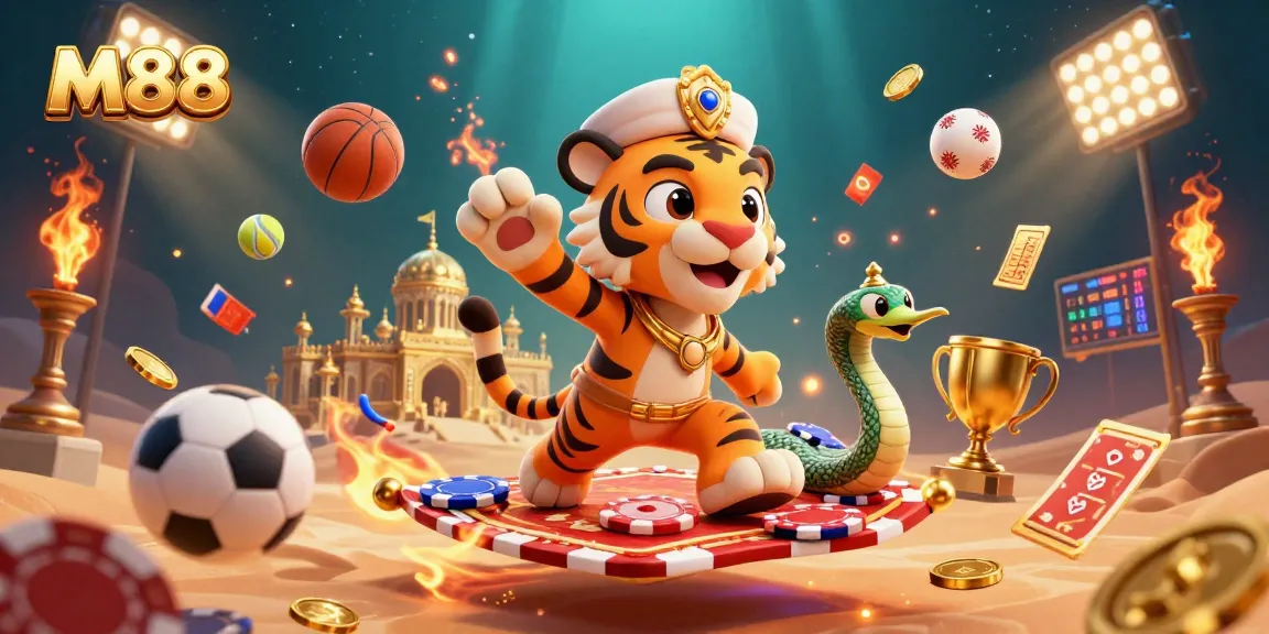 M88 sports betting scene with an Arabian tiger sultan, trophy, and dynamic sports balls.