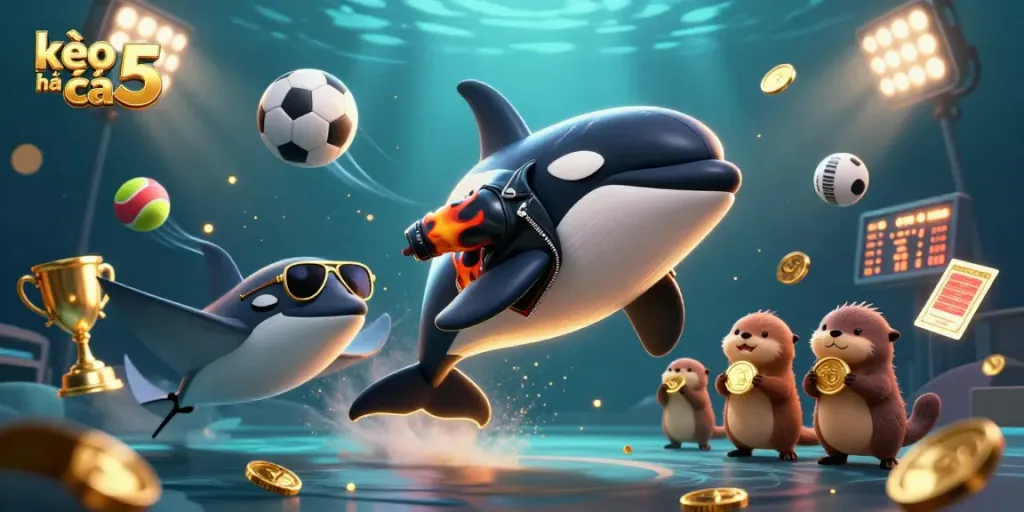 Experience the excitement of kèo nhà cái 5 with dynamic sports-themed characters and betting elements.