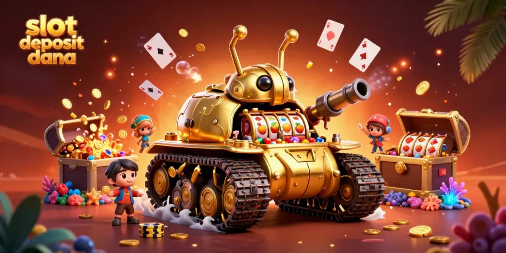 Experience the excitement of slot deposit dana featuring a vibrant casino scene with fruit symbols and golden coins.
