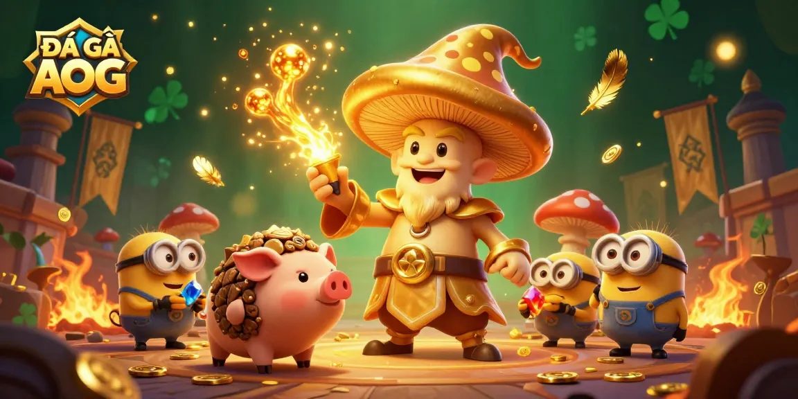 Engage in thrilling ĐÁ GÀ AOG matches with our vibrant magical scene featuring wizards and treasures.