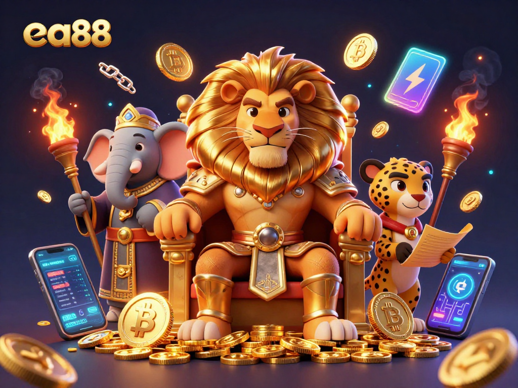 Experience thrilling gameplay at ea88 with vibrant characters, gold coins, and crypto elements.