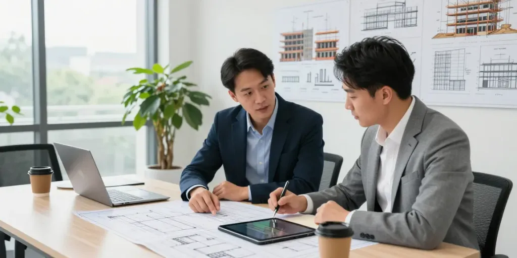 Team of quantity surveyors collaborating on construction commercial management plans in a modern office.