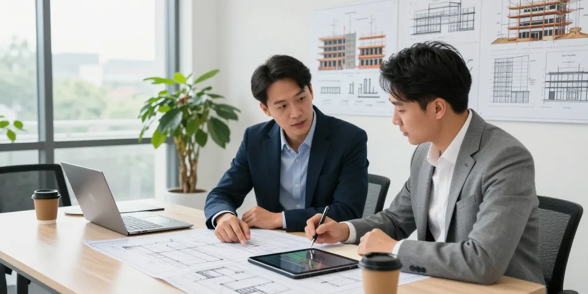 Team of quantity surveyors collaborating on construction commercial management plans in a modern office.
