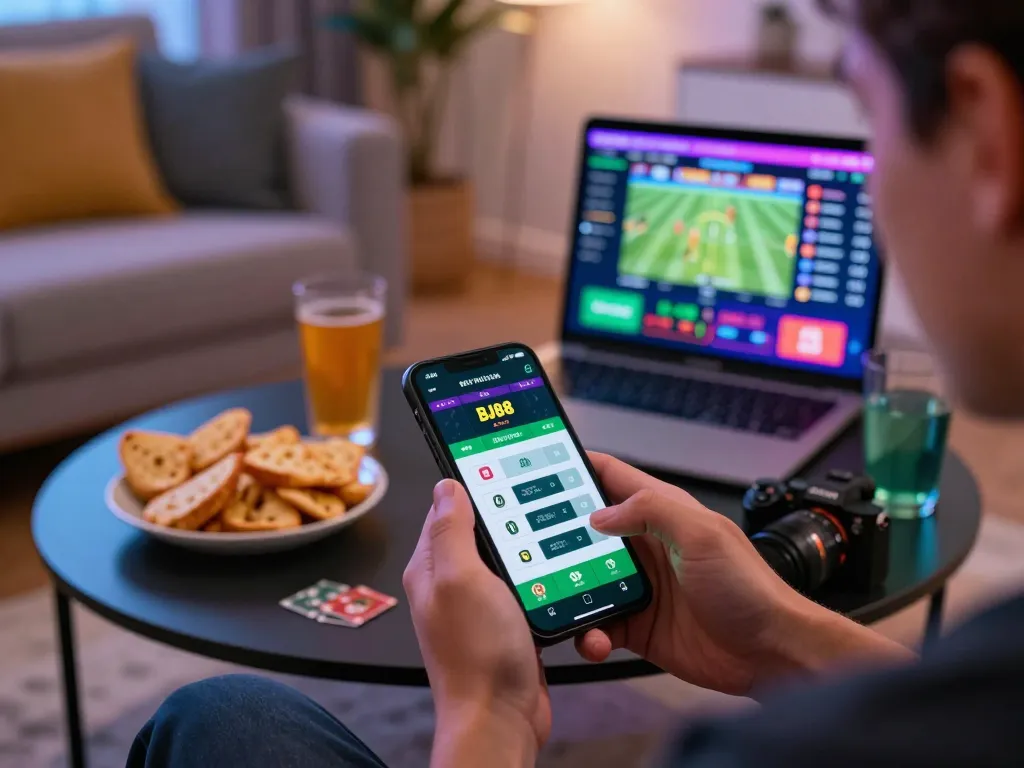 Person excitedly placing sports bets using the BJ88 app, creating a lively home gaming atmosphere.