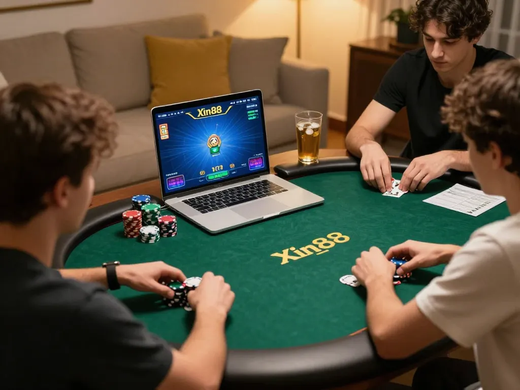 Players enjoying an online poker game on Xin88, showcasing engaging gameplay and a strategic environment.
