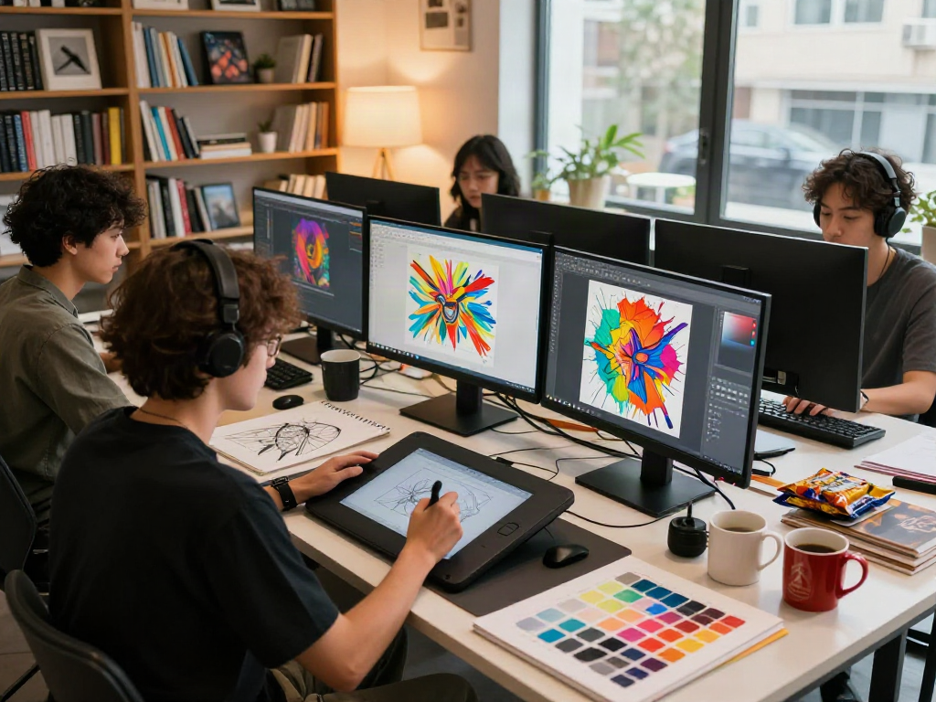 Creating nsfw digital art in an inspiring studio with vibrant visuals.