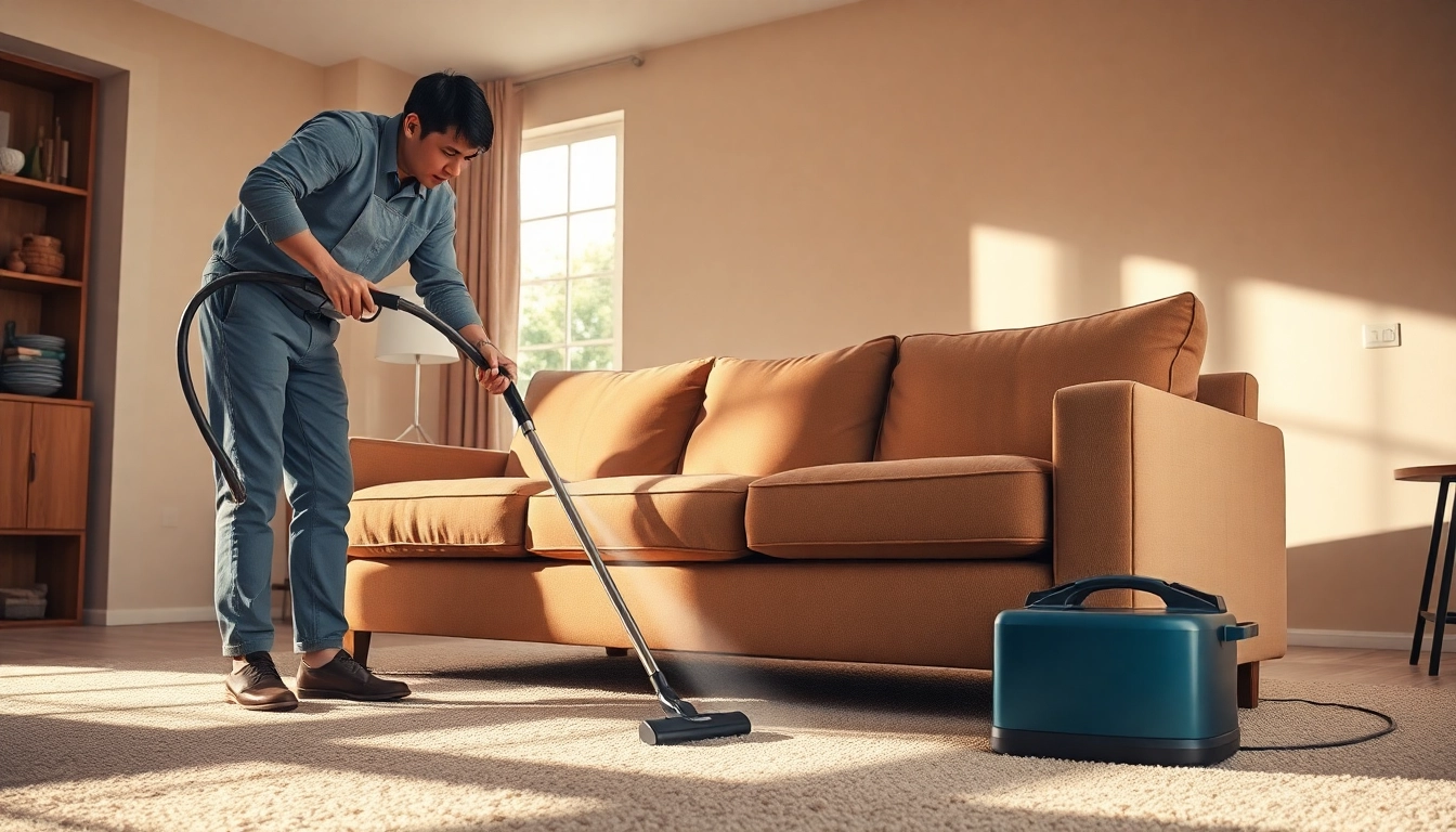 Sofa cleaning in Glasgow showcasing a technician revitalizing a stained couch in a bright living room.