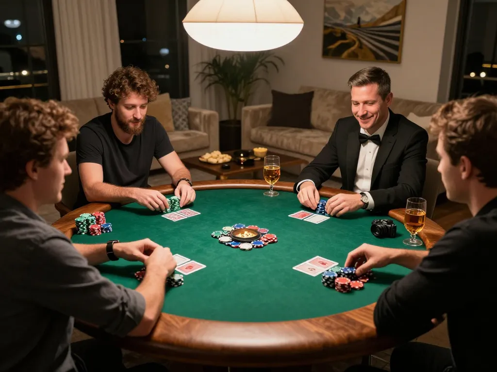KK55 players engaging in a friendly poker game, showcasing strategy and camaraderie in a warm home setting.