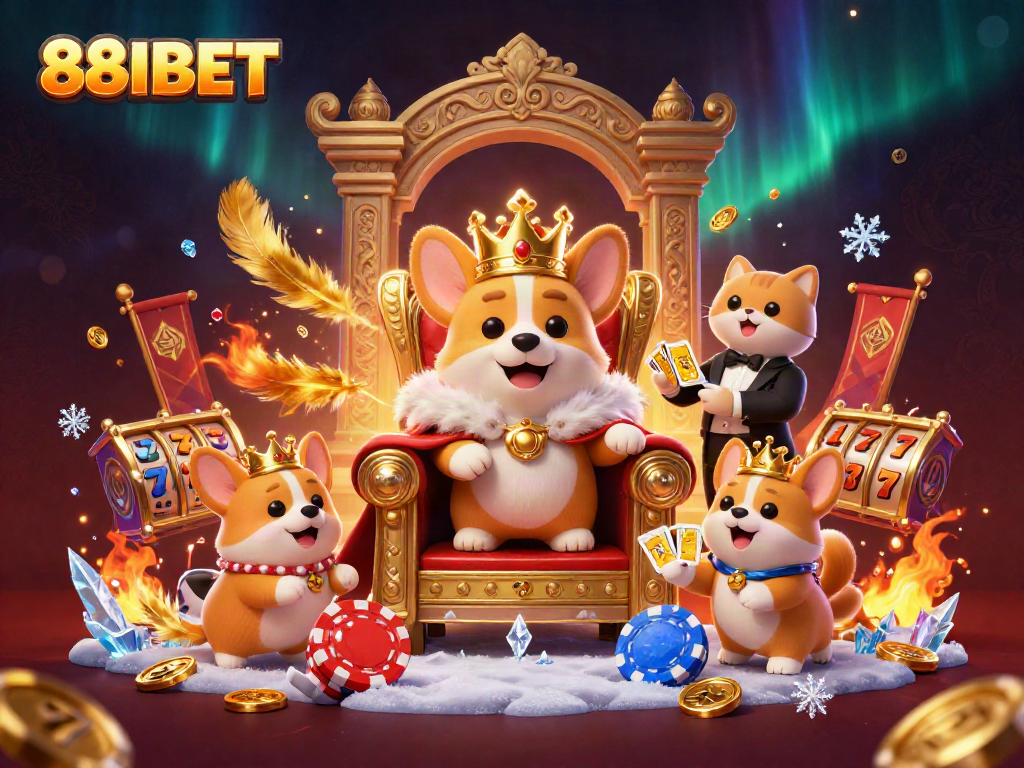 Experience 88IBET’s vibrant casino atmosphere with a royal corgi on a throne of poker chips.