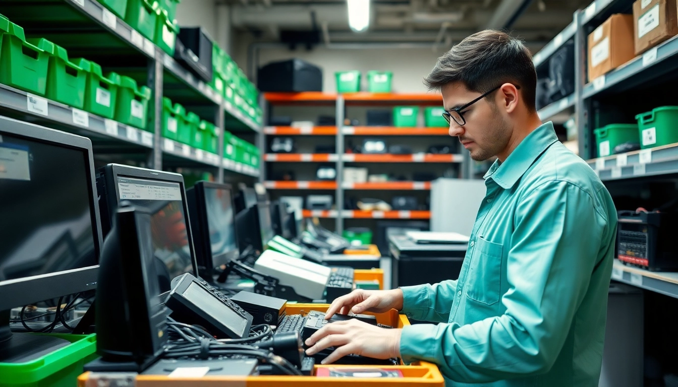 IT recycling newbury services in action, with technicians sorting electronic waste efficiently.