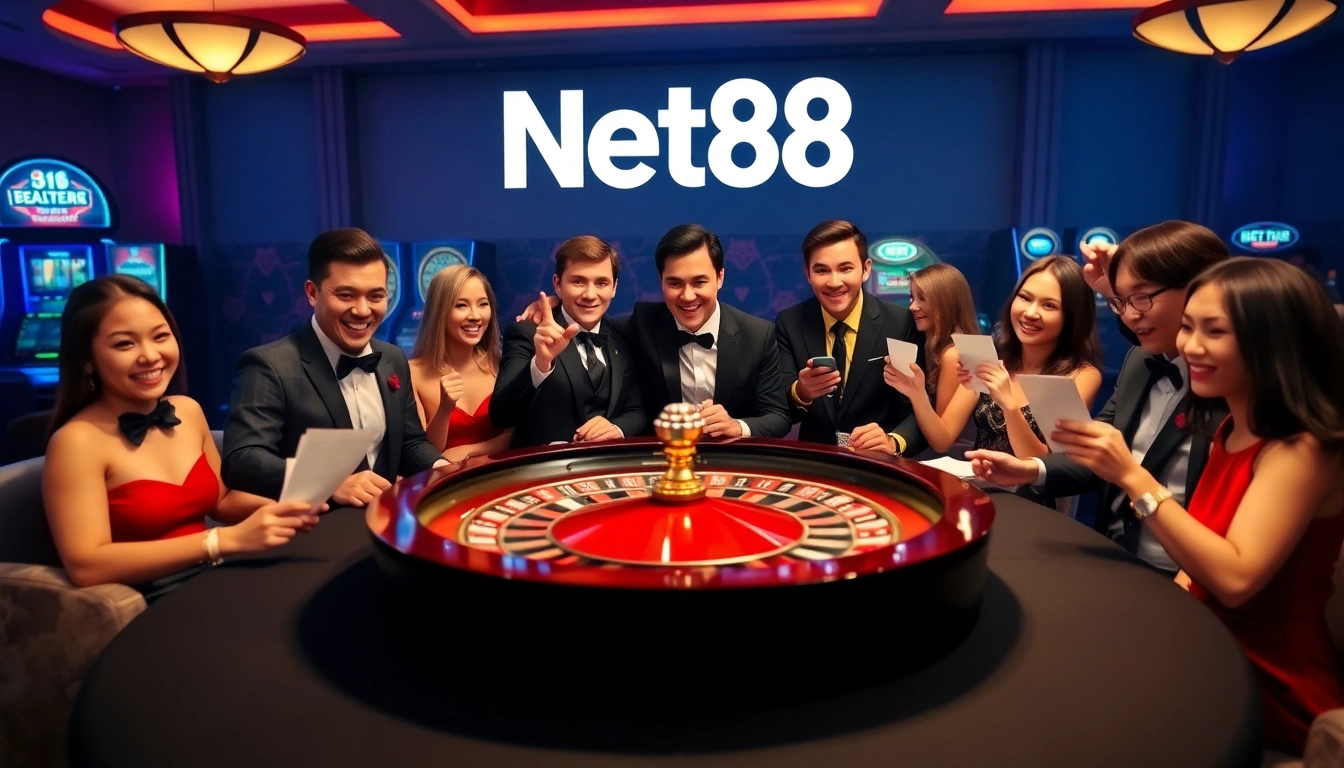 Players enjoying a high-stakes game at NET88 casino, vibrant atmosphere with roulette and chips.
