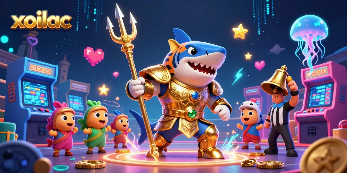 Xoilac offers an engaging underwater casino scene with a shark in gladiator armor and exciting arcade elements.