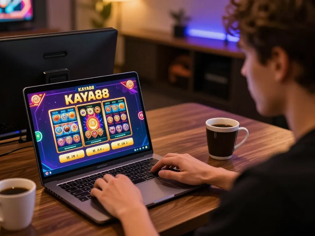 KAYA88 promotions showcase in an engaging home gaming setup with a player focused on their casino game