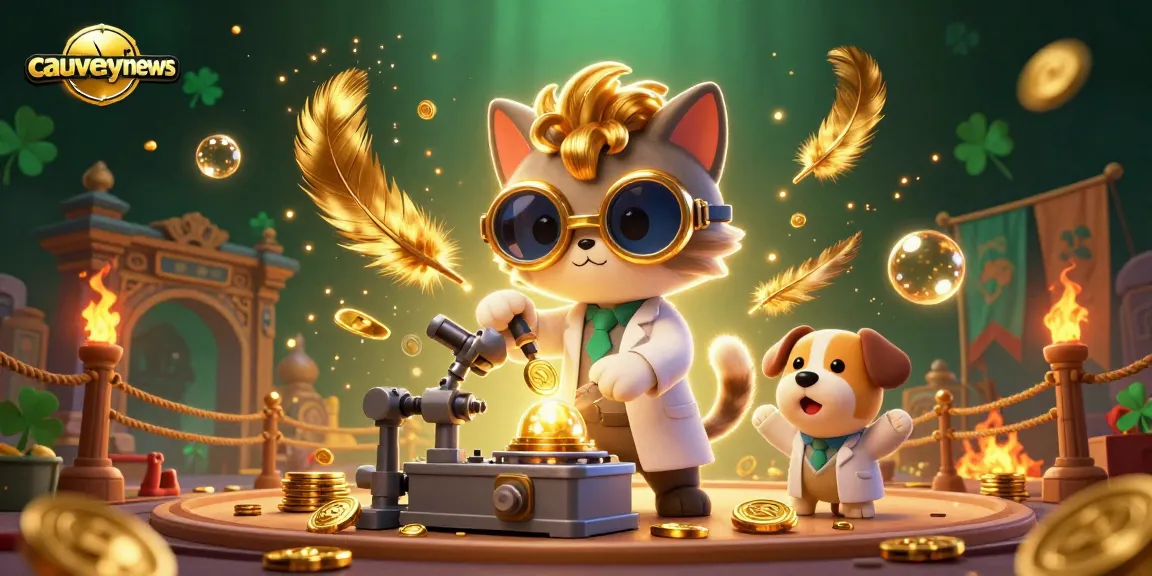 Cauverynews brings exciting casino adventure to life with a vibrant scene of a mad scientist cat creating coins with dazzling effects.