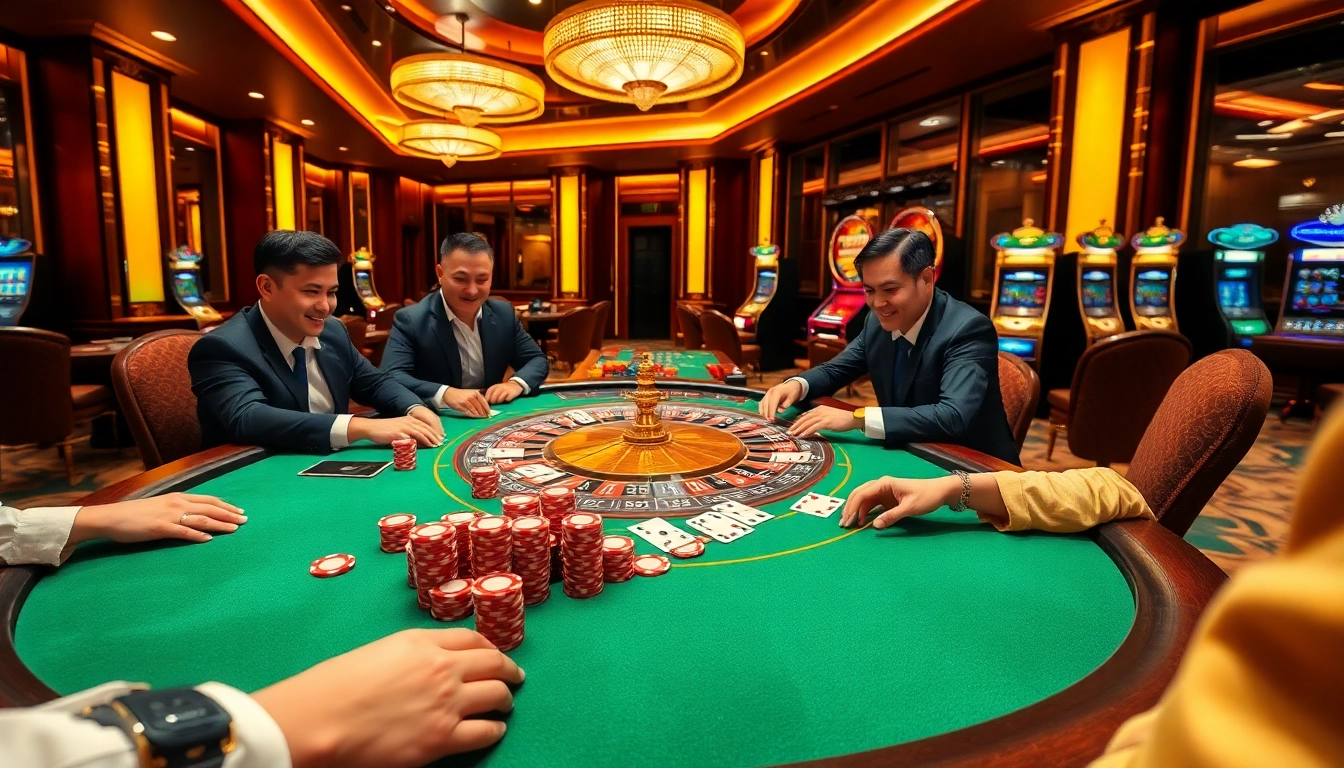 Experience thrilling poker action at fb88 casino, where professional players compete among vibrant tables and flashing slots.
