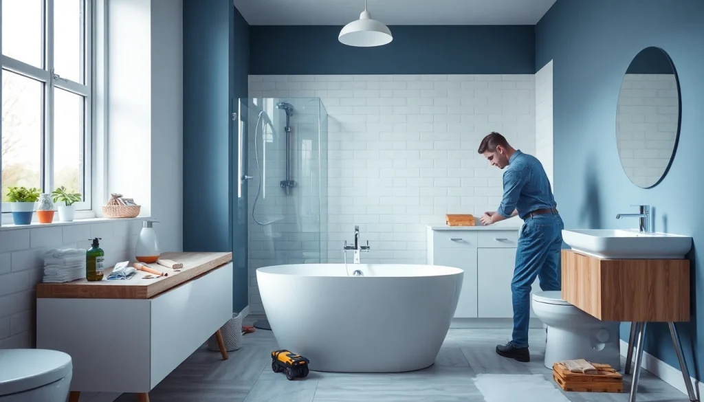 Watch skilled bathroom fitters install elegant fixtures in a modern setting.