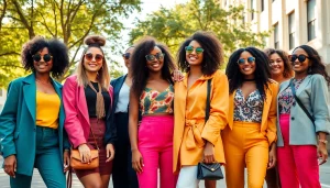 Women Fashion showcasing a diverse group in trendy outfits enjoying a sunny urban setting.