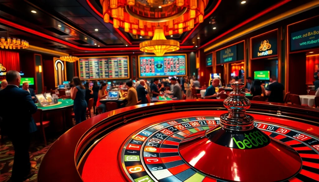 Experience the excitement at the roulette table as players engage with bet888, placing colorful bets amidst a luxurious casino atmosphere.