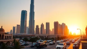 Experience travel to Dubai with the stunning Burj Khalifa at sunset and a vibrant city skyline.