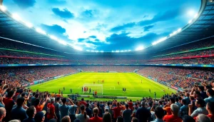 Capture the excitement of kèo nhà cái at a bustling football stadium, with vibrant fans and illuminated odds.
