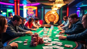 Experience the thrill of game bài đổi thưởng at a bustling casino table, featuring players, chips, and cards.