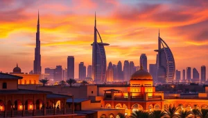 Experience travel to Dubai with a breathtaking sunset view showcasing the Burj Khalifa and traditional architecture.
