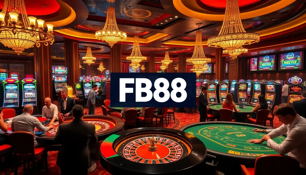 FB88 casino scene featuring players engaged in roulette and poker games, vibrant and inviting atmosphere.