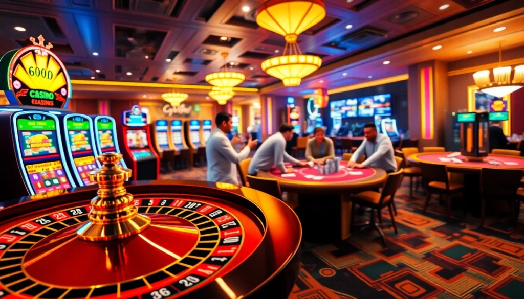 Experience the thrill of casino gaming at bj88b.com with vibrant roulette wheels and excited players at poker tables.