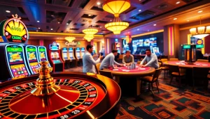 Experience the thrill of casino gaming at bj88b.com with vibrant roulette wheels and excited players at poker tables.