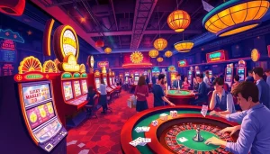 Experience the excitement of gambling at https://nhacaiuytin.place/ featuring vibrant slot machines and enthusiastic players at the roulette table.