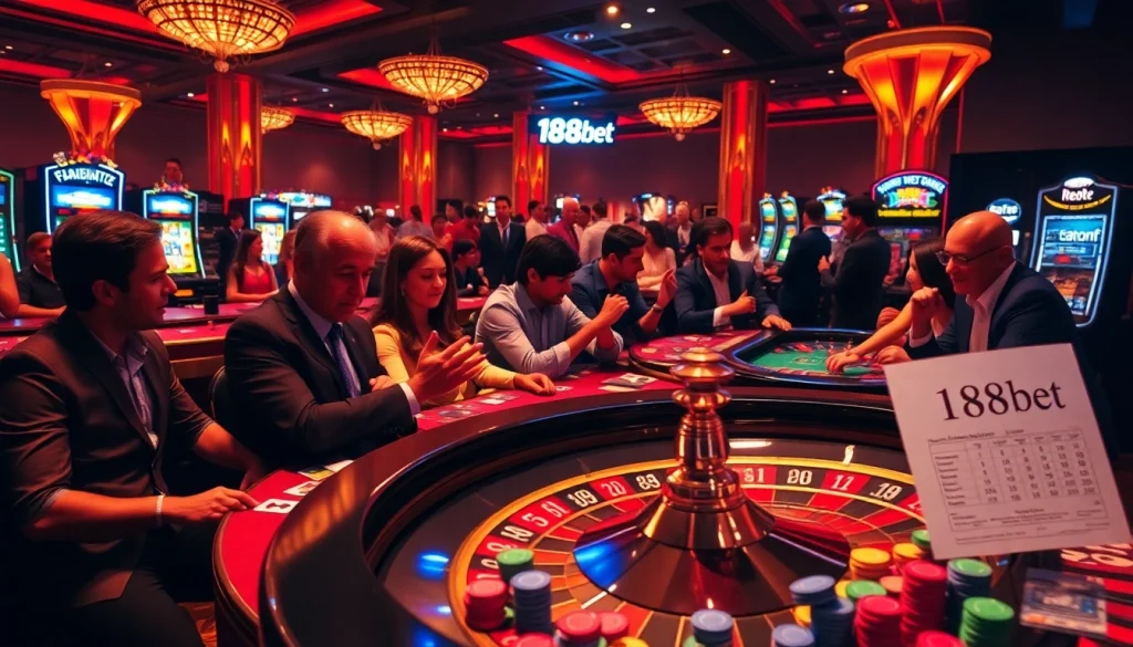 Players enjoying a thrilling roulette game at 188bet, surrounded by vibrant casino elements and betting excitement.