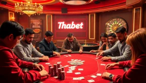 Thabet shines in a thrilling poker setting, showcasing players and vibrant chips.