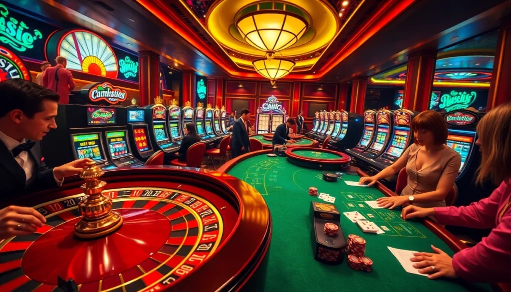 Experience the thrill of crushonia as players strategize at table games in a luxurious casino.