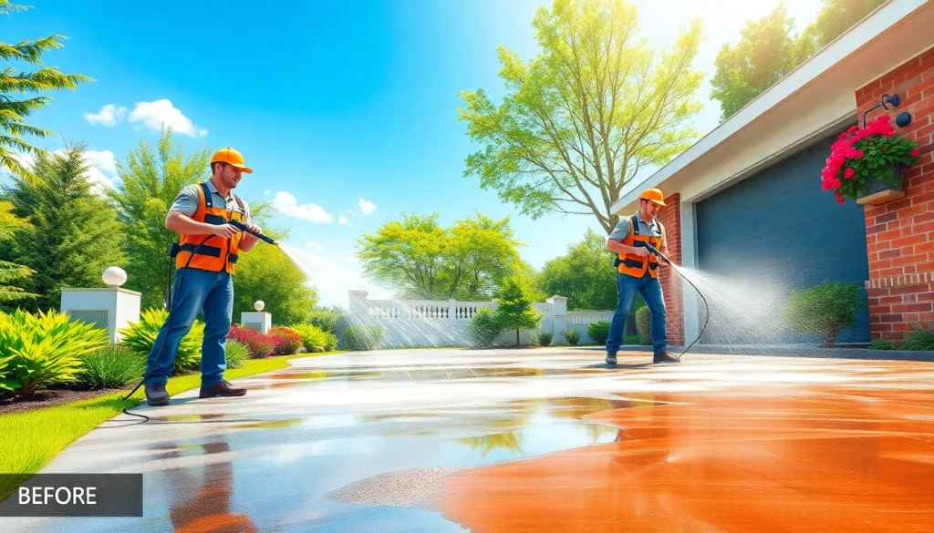 Professional pressure washing crew cleaning a driveway under bright sunlight.