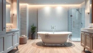 The serene elegance of a luxurious bathroom designed by skilled bathroom fitters showcasing a freestanding tub and walk-in shower.