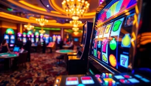 Play slot machines while exploring Crushon AI porn options in a bustling casino environment.