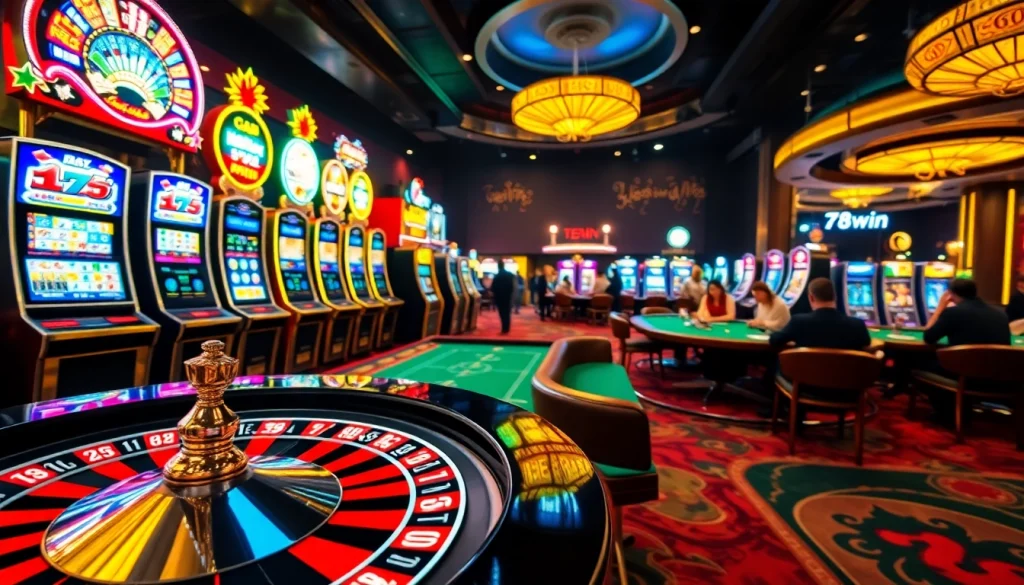 Players immersed in thrilling casino games at 78win, showcasing slot machines and roulette excitement.