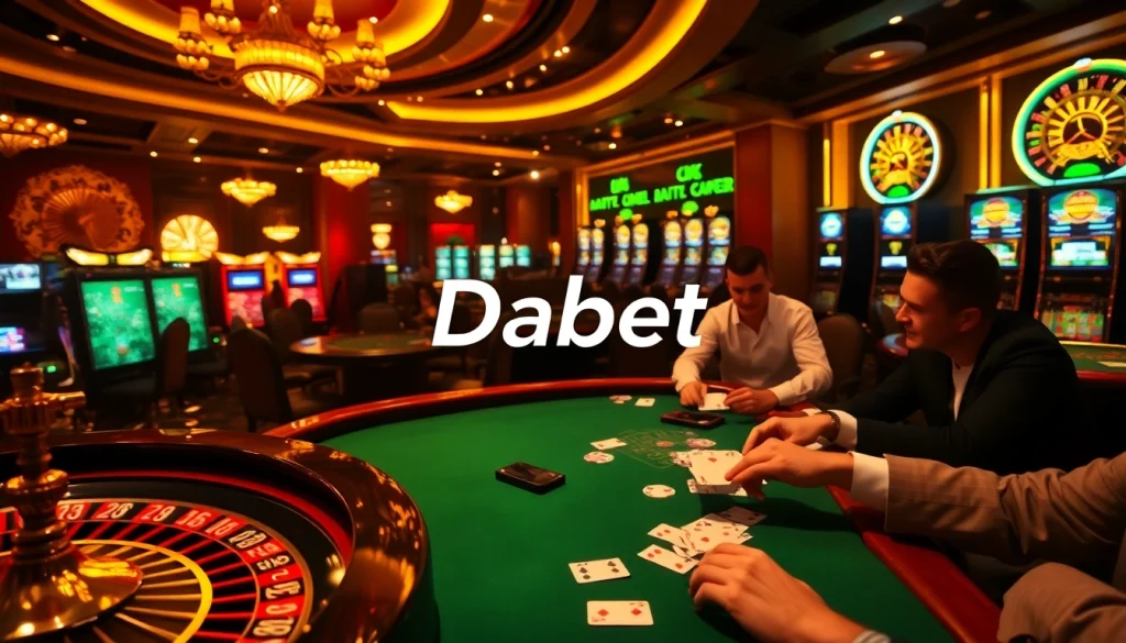 Dabet casino scene featuring an intense blackjack game and a glamorous roulette wheel atmosphere.