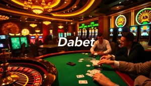 Dabet casino scene featuring an intense blackjack game and a glamorous roulette wheel atmosphere.