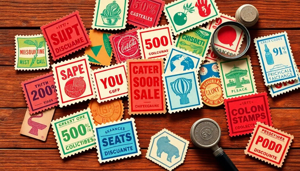 Explore diverse discount stamps displayed on a rustic table, emphasizing collectible designs and savings.