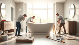 Expert bathroom fitters installing a modern freestanding bathtub in a luxurious space.
